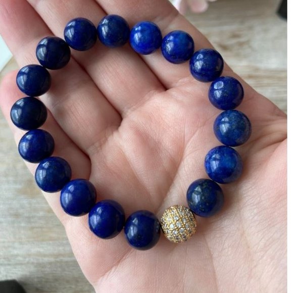 10mm Lapis Lazuli with Golden Crystal Ball Stretch Bracelet - Picture 4 of 8